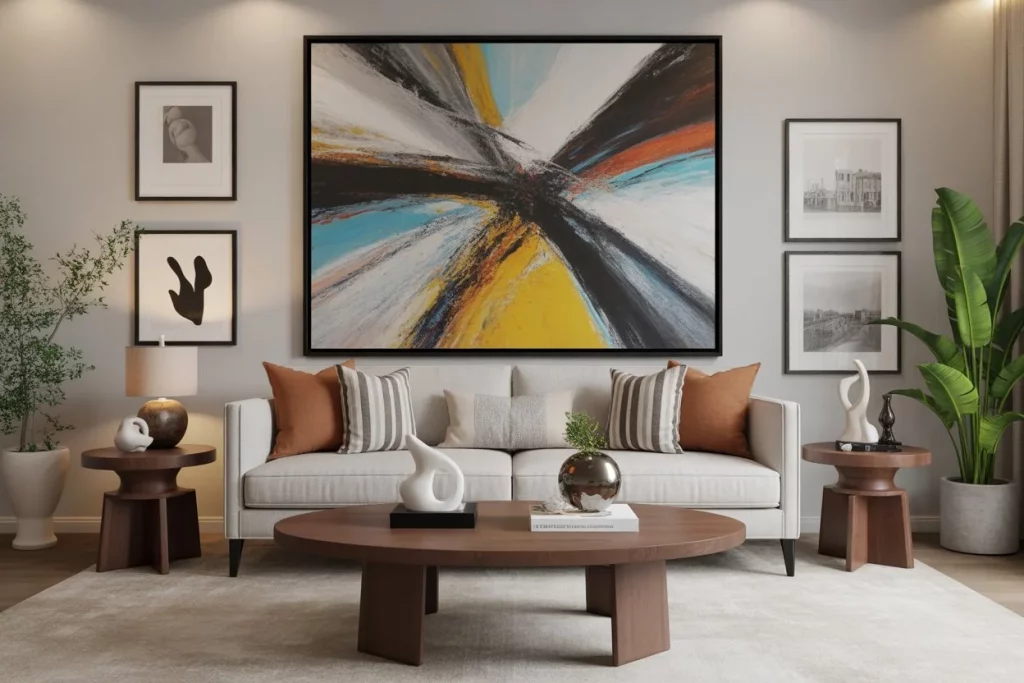 Modern living room with abstract wall art, neutral sofa, wooden tables, and indoor plants.