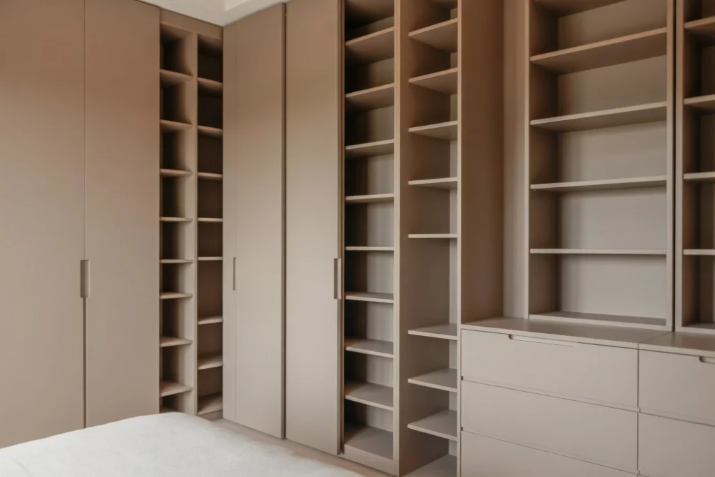 Modern minimalist closet with sliding doors, open shelves, and built-in drawers for storage.