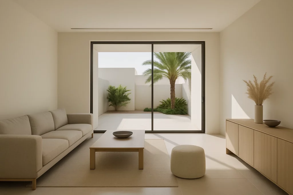 Minimalist living room with clean lines and neutral tones opens to a serene patio with palm tree and white walls.