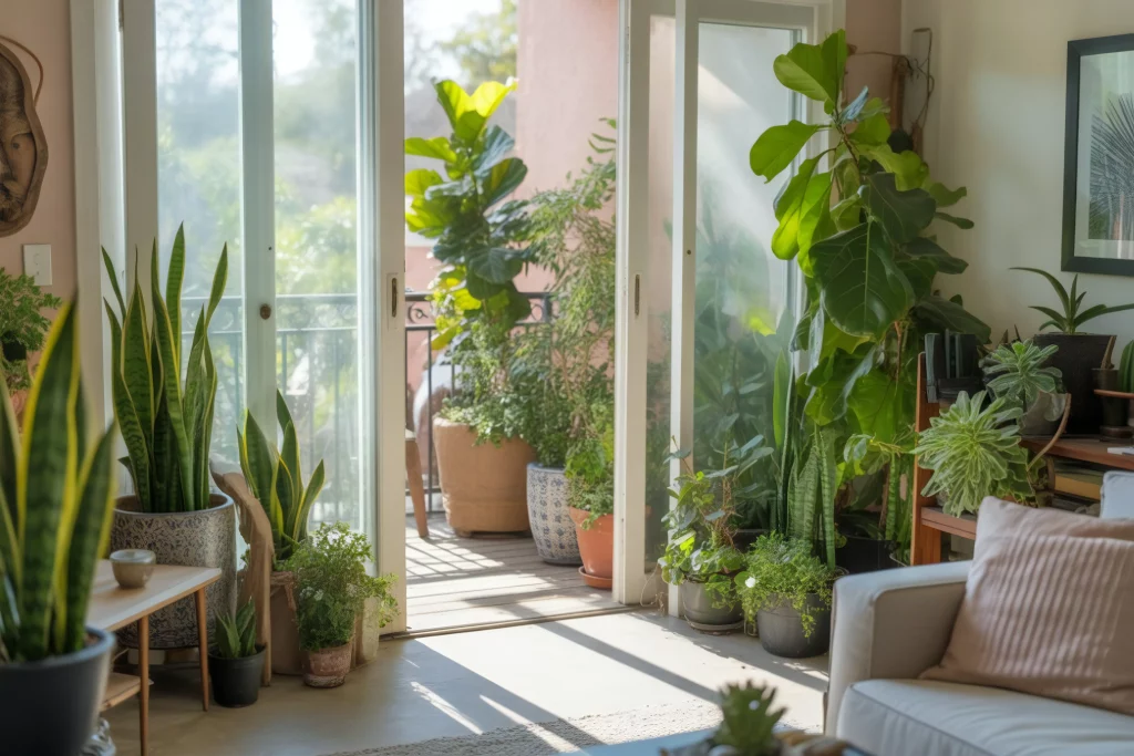 Cozy living space with sunlight streaming through a window, surrounded by lush indoor plants and comfortable seating.