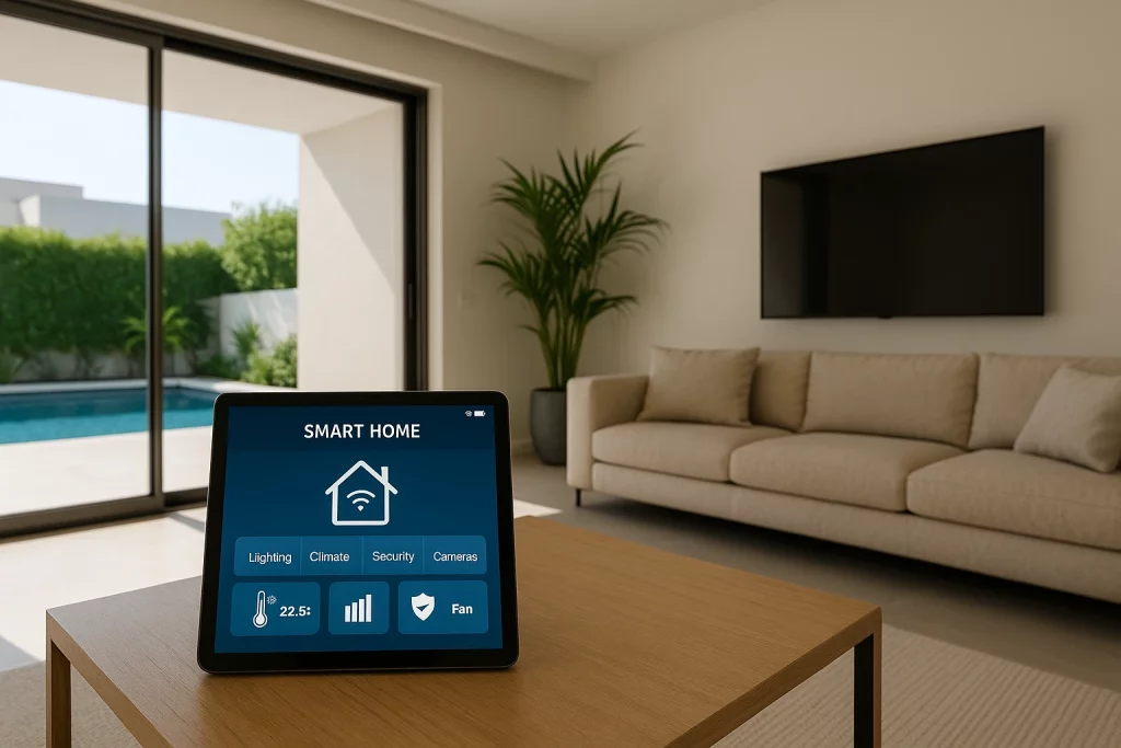 Tablet with smart home dashboard on table in modern villa, showing lighting and climate controls near poolside patio.