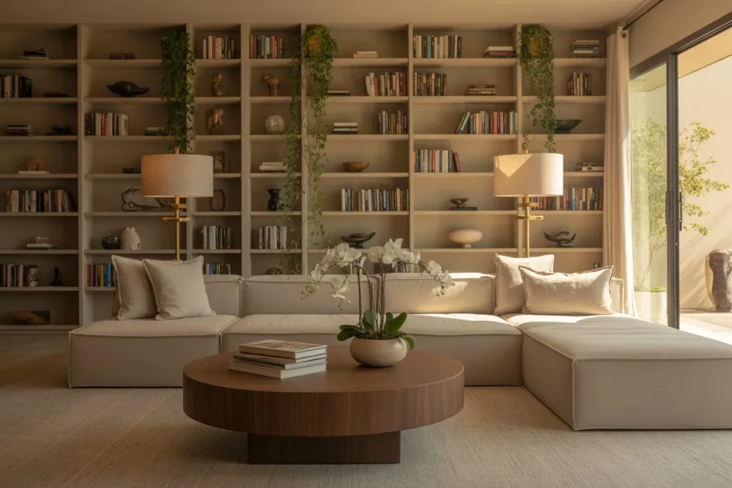 Cozy living room with a beige sectional sofa, round wooden coffee table, bookshelves filled with books, plants hanging on shelves, and natural light coming from large windows.