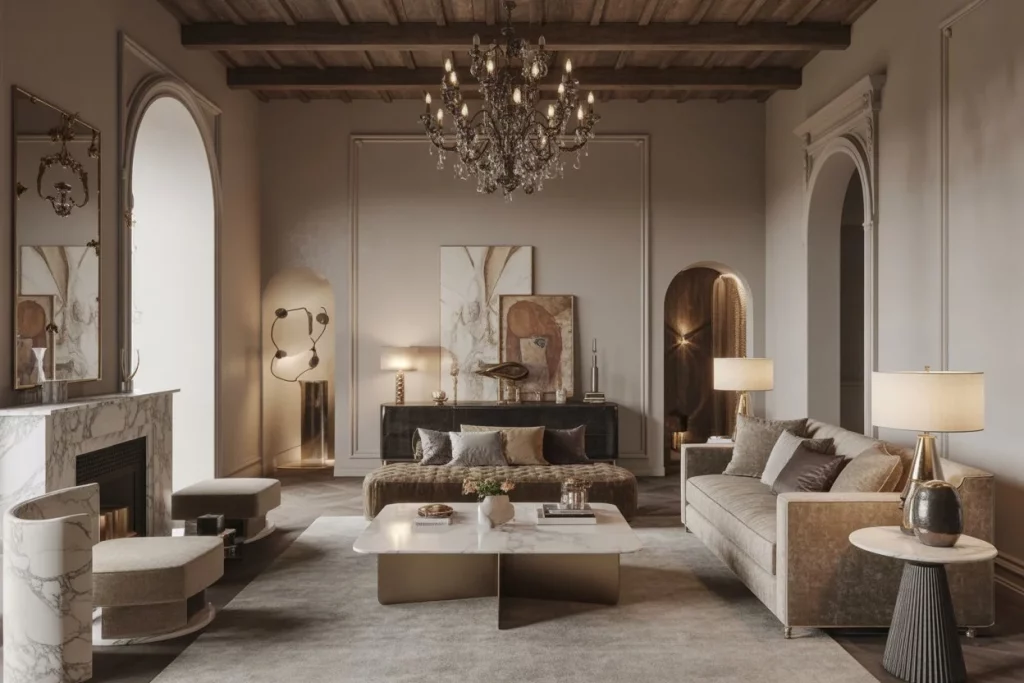 A luxurious living room with exposed wooden beams, a chandelier, beige and black seating, a marble coffee table, arched doorways, art, lamps, and a marble fireplace.