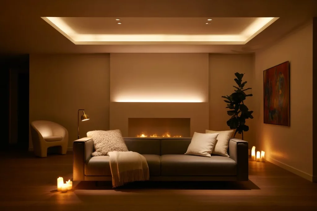 Cozy living room with layered lighting, modern fireplace, candles, and neutral-toned sofa.
