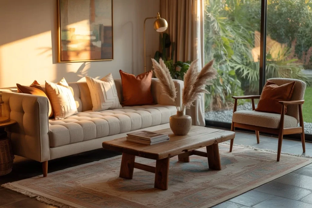 A cozy living room with a beige sofa, orange and white pillows, a wooden coffee table with books and pampas grass, and a chair near a window overlooking greenery.