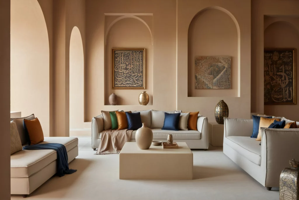 A cozy living room with beige walls, arches, and luxurious furniture, featuring decorative pillows, vases, and Arabic calligraphy art on the walls.