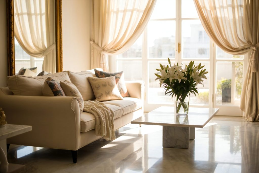 Elegant living room with cream sofa, marble coffee table, and sheer curtains letting in natural daylight.
