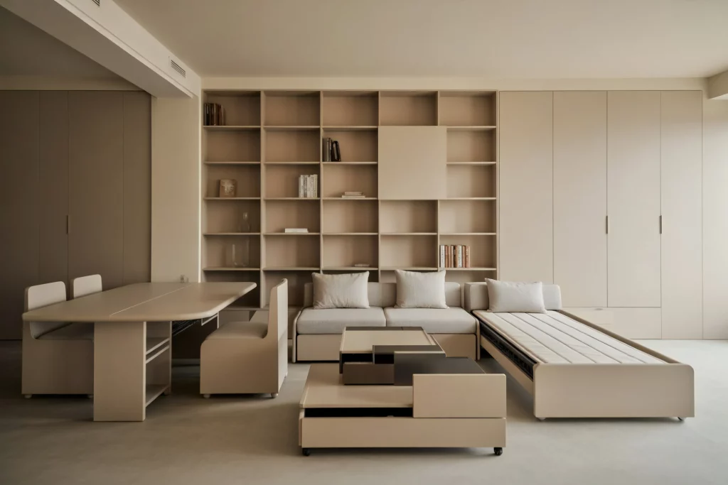 A minimalist living room with beige furniture, featuring modular seating, a multifunctional table, and a wall of shelves with books and storage compartments.