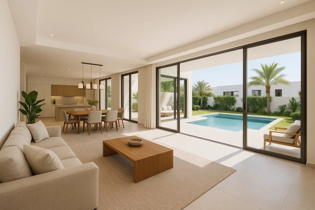 Open-plan villa interior with connected kitchen, dining, and living areas extending to a poolside patio through large glass doors.