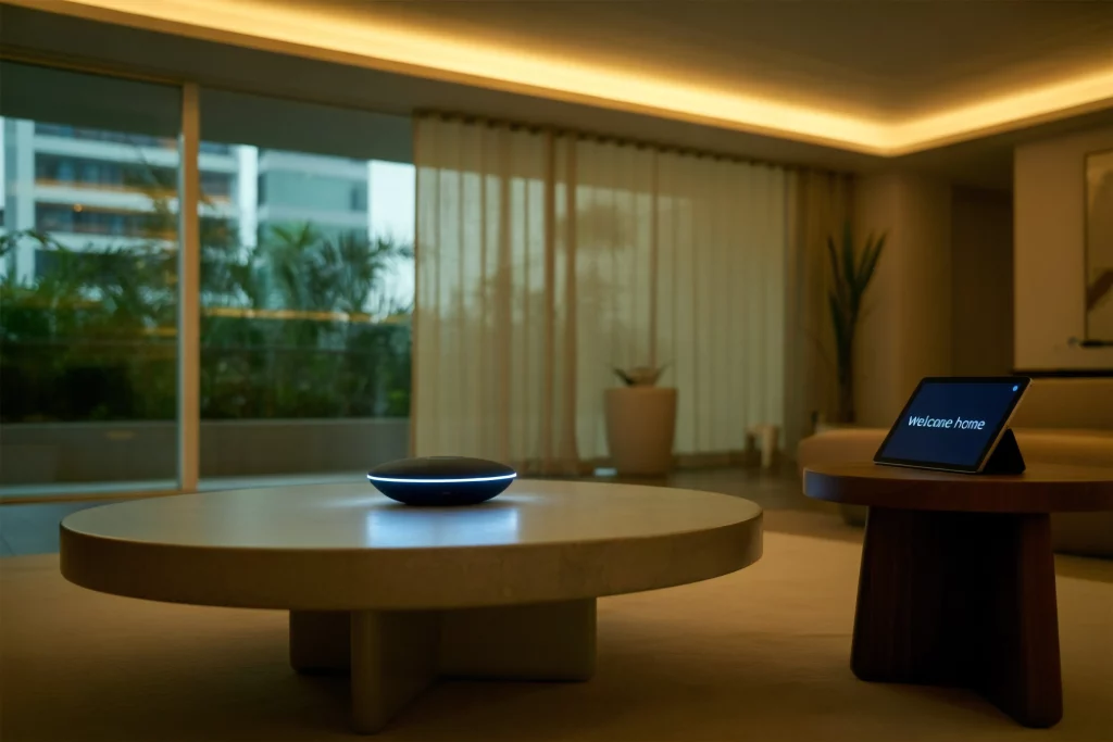 Modern living room with a smart device displaying "Welcome home" on a wooden table, illuminated by warm ambient lighting.