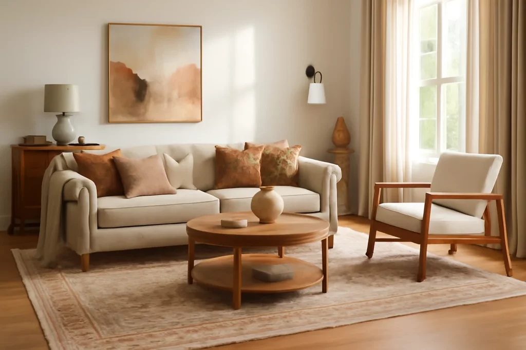 A cozy living room with a beige sofa, orange and neutral pillows, a wooden coffee table, and an armchair. Natural light fills the space through a window with curtains.