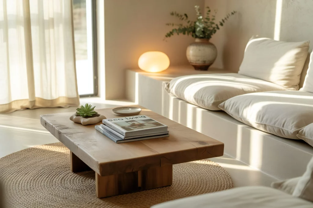 Cozy reading nook with a wooden coffee table, soft cushions, books, and a small succulent plant near a window.