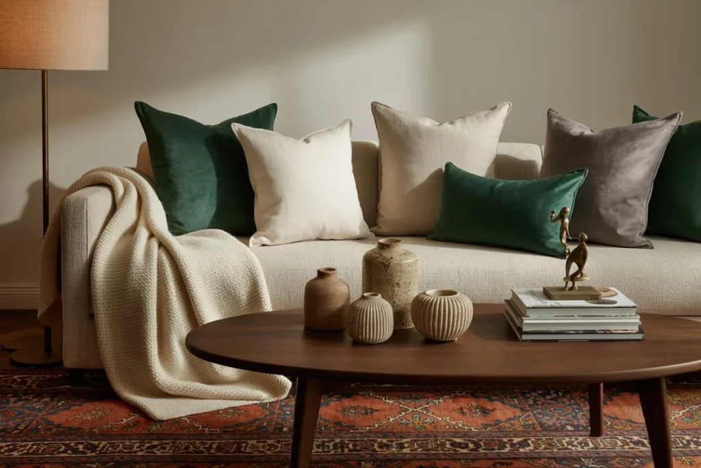 A cozy living room with a beige sofa, colorful pillows, and a blanket. A wooden coffee table holds vases, books, and sculptures, set on a patterned rug near a warm lamp.