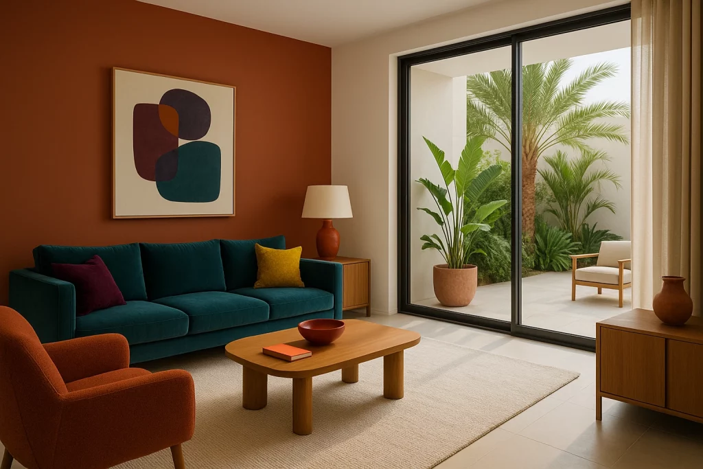 Bold modern living room with teal sofa, burnt-orange wall, abstract art, and large glass door opening to a lush patio.