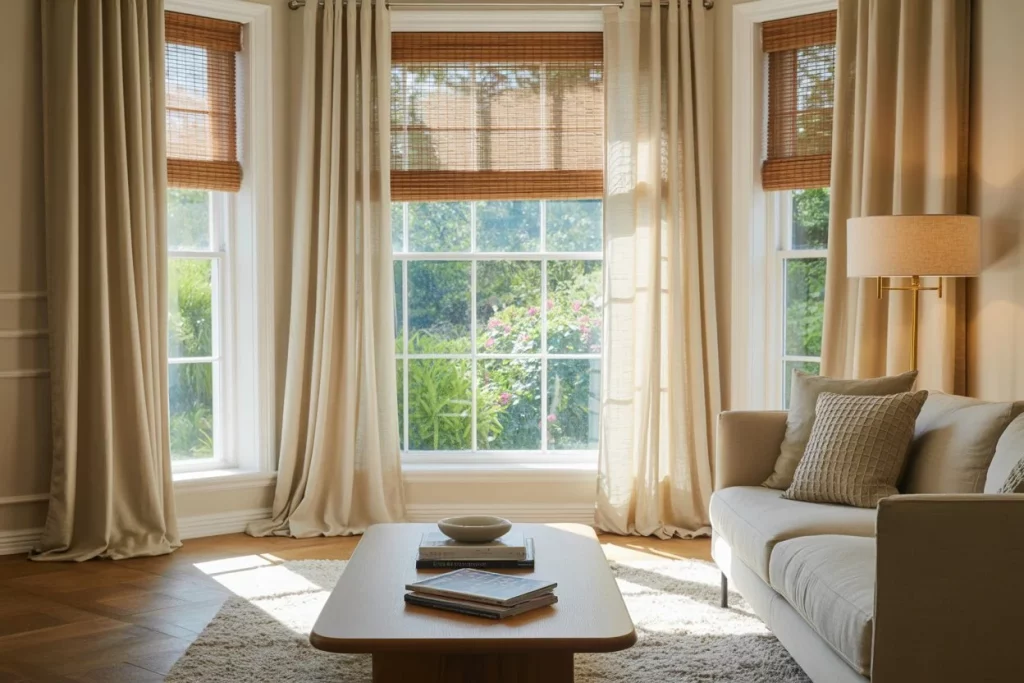 Bright living room with large windows, beige curtains, bamboo blinds, and a cozy neutral-toned sofa.