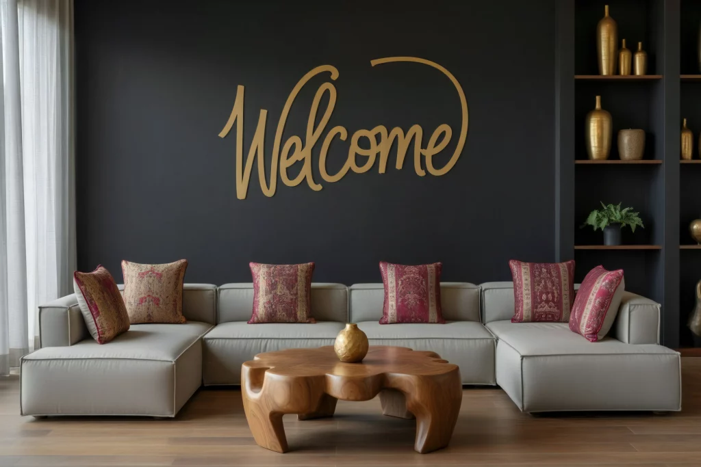 A modern living room with a white sectional sofa adorned with colorful throw pillows, a wooden coffee table with a vase, and shelves displaying decorative vases. The wall features the word "Welcome" in gold lettering.