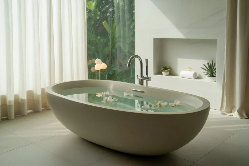 A serene bathroom with a freestanding bathtub filled with water and floating orchid petals, surrounded by soft lighting, plants, and sheer curtains.