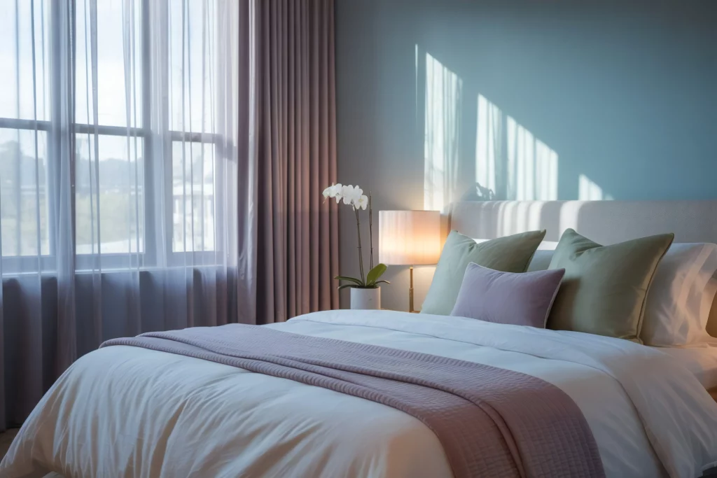 Cozy bedroom with soft lighting, pastel bedding, orchid plant, and sheer curtains letting in natural light.