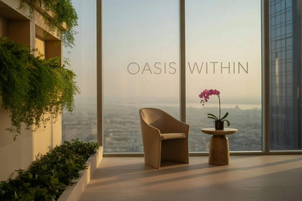A serene indoor space with a modern chair and small table holding a purple orchid, surrounded by lush greenery. The text "OASIS WITHIN" is overlaid on the image, suggesting tranquility amidst an urban view through large windows.