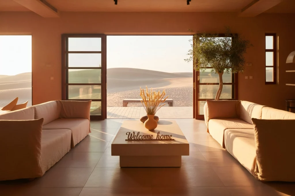 A warm, minimalist living room with orange walls and furniture. The space features a wooden coffee table with a "Welcome home" sign and dried grass decor, overlooking a serene desert landscape through large windows and sliding doors.