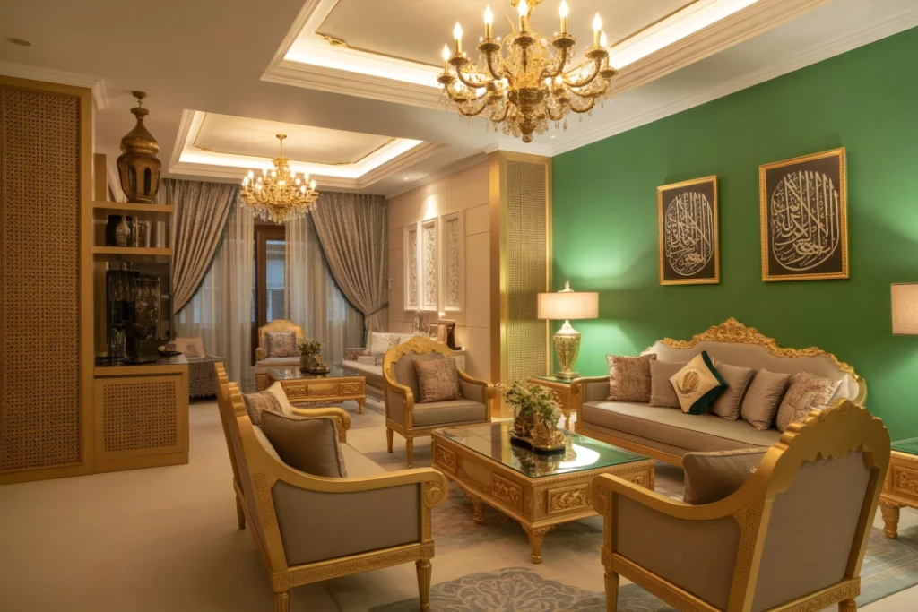 An opulent living room with a luxurious design, featuring ornate gold furniture, a grand chandelier, green accent walls, and Islamic calligraphy artwork. The space is elegantly decorated with soft lighting and intricate details.