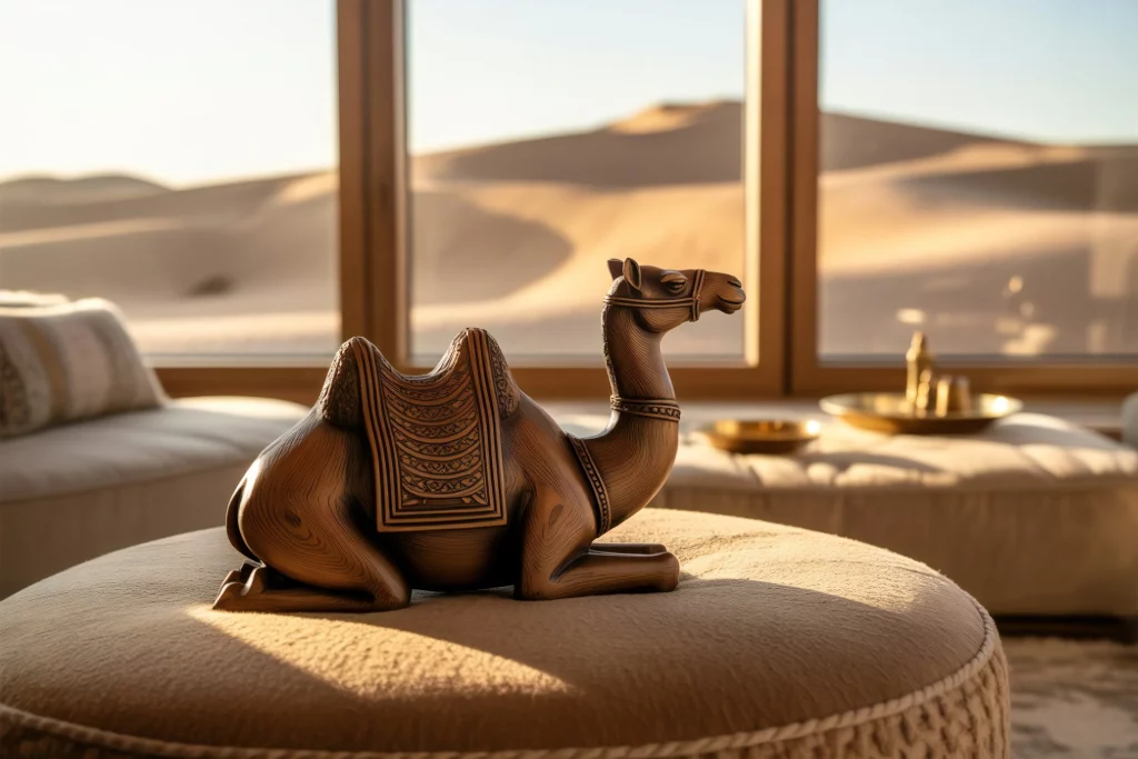 A wooden camel figurine with intricate details sits on a cushioned seat, overlooking a serene desert landscape through large windows. The warm sunlight casts soft shadows, creating a tranquil and culturally inspired atmosphere.