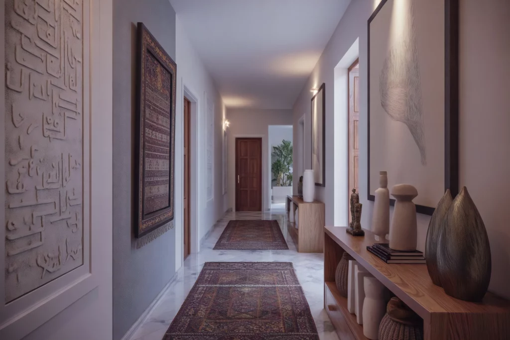 A modern hallway with textured walls, framed artwork, and decorative elements like sculptures, books, and cushions on a wooden bench. The space is warmly lit and leads into an open area with doors and plants in the background.