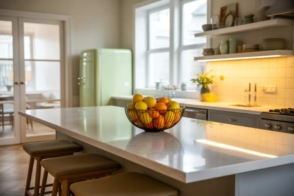 A cozy kitchen with a white countertop, stools, and a bowl of citrus fruits on the counter. The background features a retro-style refrigerator, shelves with dishes, and warm lighting.
