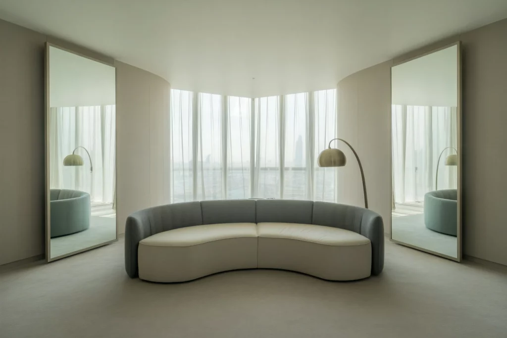 A minimalist living room with a curved white sofa, floor lamps, and large mirrors reflecting the space. The room features soft lighting, neutral tones, and sheer curtains framing a view of the cityscape outside.