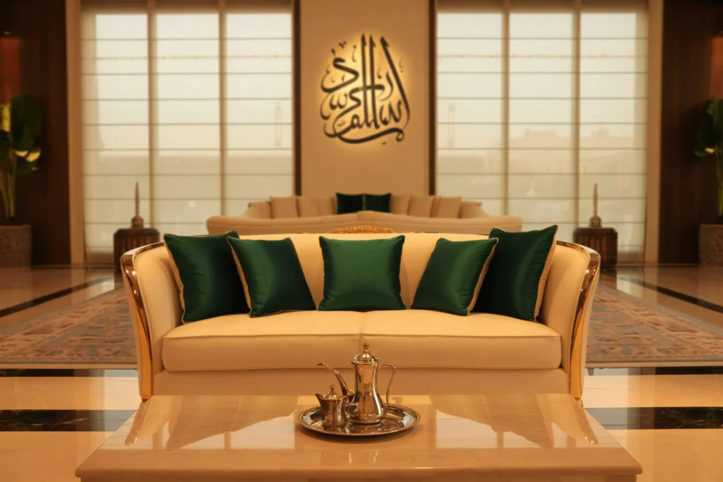 Elegant living room with cream sofa, green cushions, Arabic calligraphy wall art, and traditional coffee set on marble table.
