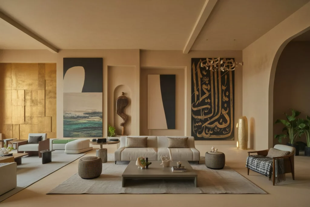 A cozy, modern living room with neutral tones, featuring a white sectional sofa, armchairs, and coffee tables. The space is decorated with large abstract artwork, plants, and minimalist decor, creating a warm and inviting atmosphere.