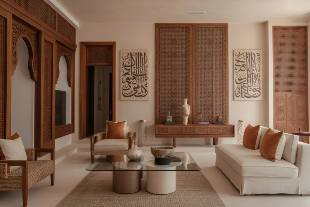 A serene living room with a modern and traditional fusion design. It features white furniture with orange accents, calligraphy artwork on the walls, wooden lattice panels, and a minimalist coffee table adorned with decorative items. The space exudes warmth and cultural elegance.