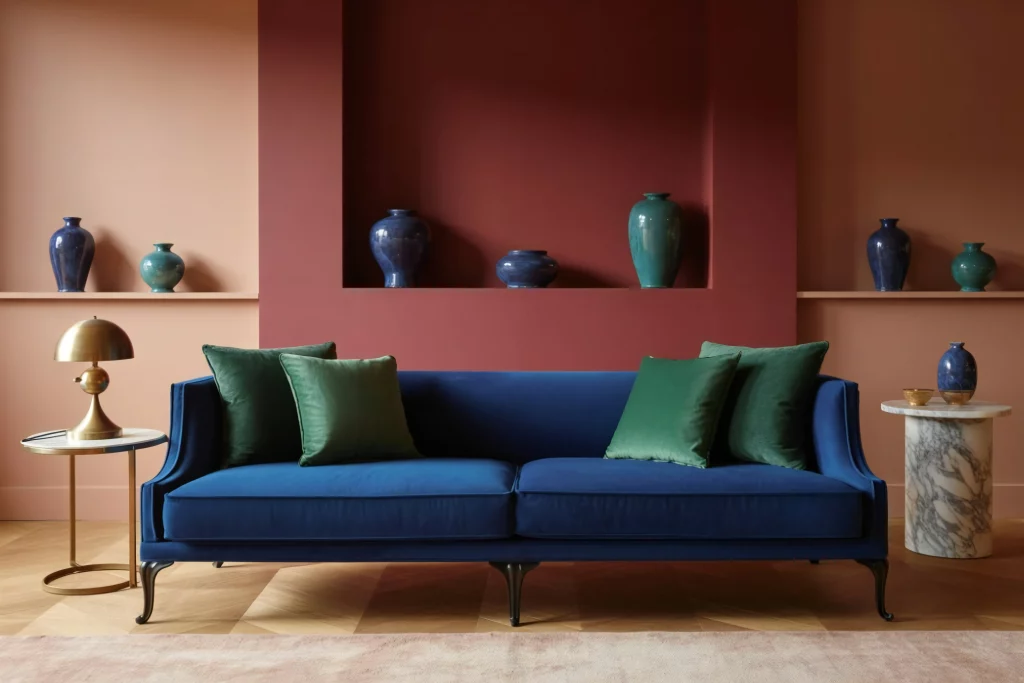 A vibrant and modern living space with bold color contrasts. The room features a striking blue sofa adorned with green cushions, set against warm-toned walls in shades of pink and red. A floating shelf displays an array of colorful vases, adding artistic flair. Minimalist side tables and a marble accent piece complete the stylish and inviting atmosphere.
