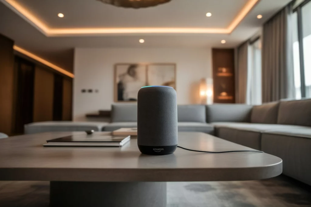 A modern smart speaker placed on a sleek coffee table in a cozy living room. The background features soft lighting, contemporary furniture, and an elegant interior design, creating a comfortable and tech-savvy atmosphere.