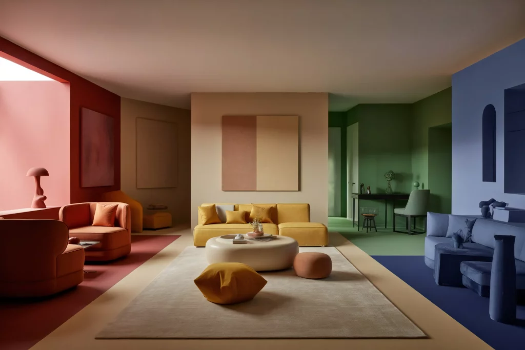 A modern living room with bold, colorful accents. The space features a mix of vibrant furniture in red, yellow, and blue, complemented by abstract artwork and soft lighting. The design blends geometric shapes and warm tones to create a lively yet cozy atmosphere.