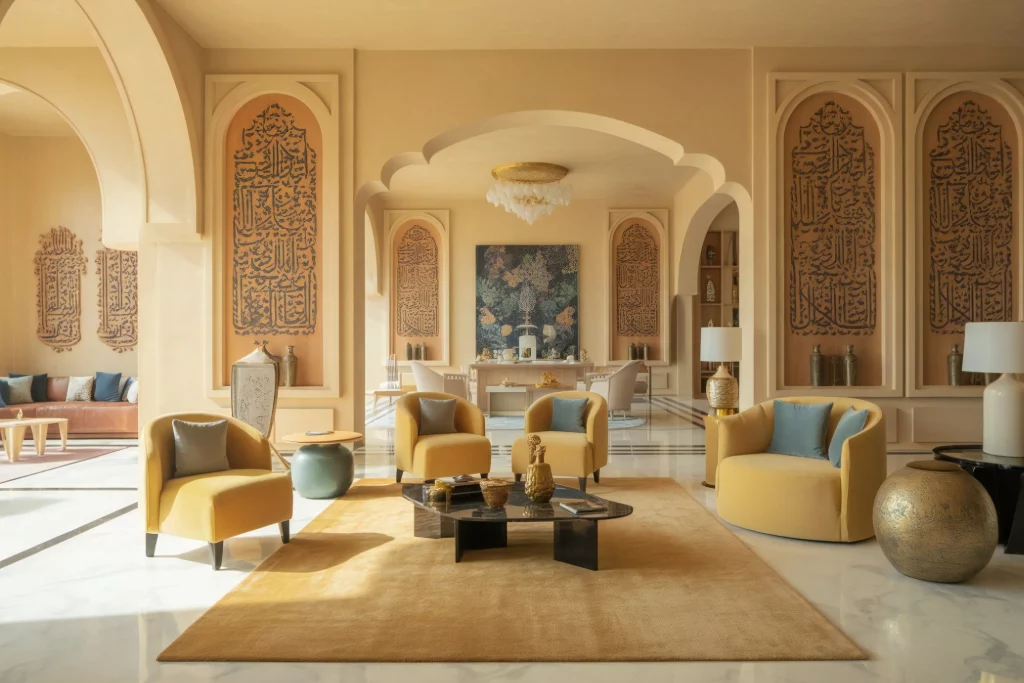 A luxurious living room with warm, neutral tones and elegant decor. The space features arched walls adorned with Islamic calligraphy artwork, modern furniture in yellow and blue hues, and a chandelier adding sophistication. The design blends traditional elements with contemporary style for a serene and inviting atmosphere.