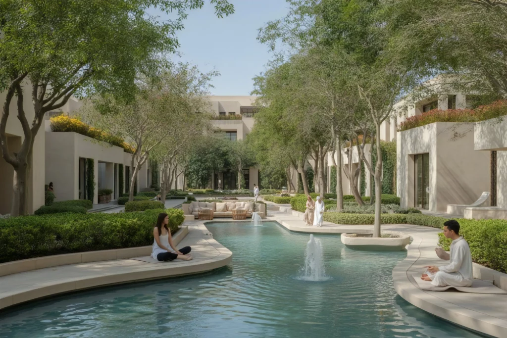 A serene outdoor setting with a tranquil pool featuring a central fountain. People are relaxing along the poolside, surrounded by lush greenery and modern white buildings. The scene exudes calmness and luxury in a well-maintained garden environment.