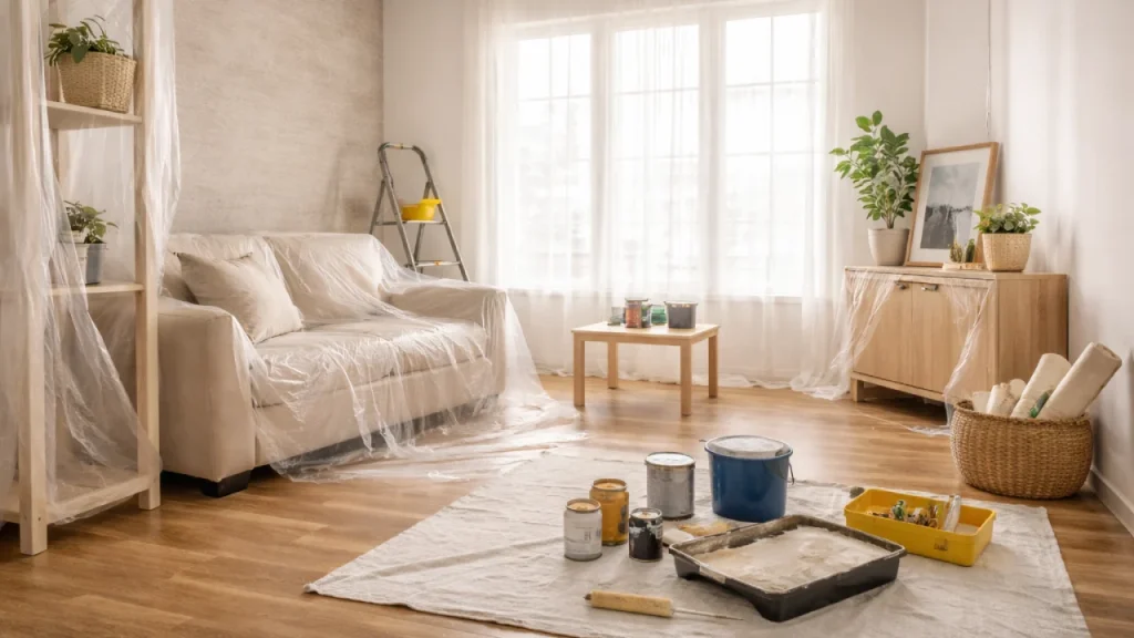 Modern living room interior during renovation with protected furniture, paint supplies, natural light, and minimalist decor setup
