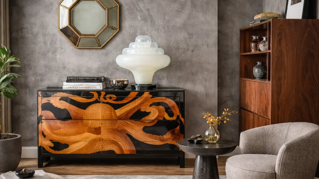 Modern interior design with textured wall, statement wooden console, decorative lamp, mirror, and contemporary living room decor