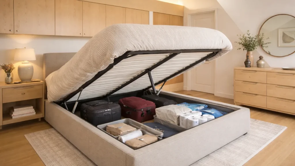 Modern bedroom interior with lift-up storage bed, hidden compartments, wooden furniture, and clean minimalist design