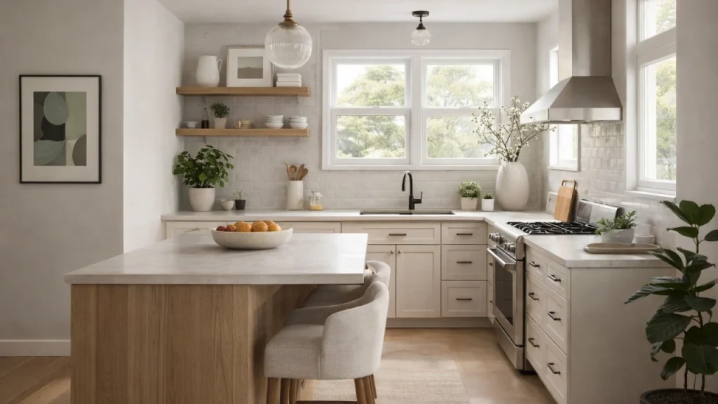 Modern minimalist kitchen interior with island seating, natural light, open shelving, and neutral color palette design