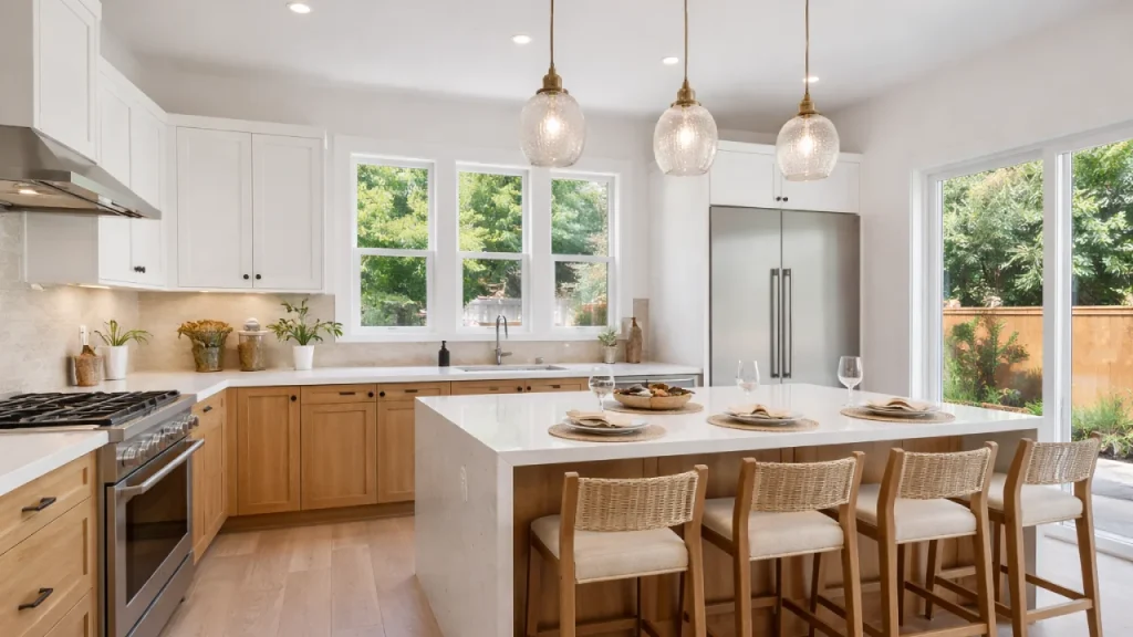Modern kitchen interior with island seating, pendant lighting, natural wood cabinetry, and bright open layout with large windows
