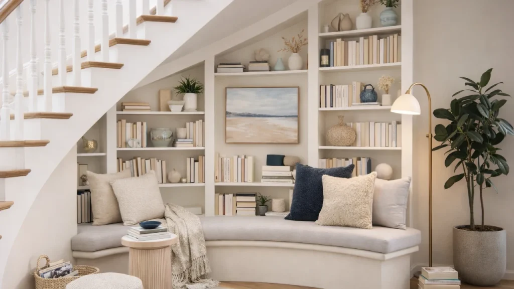 Modern under-stair reading nook with built-in shelves, cushioned seating, soft lighting, and neutral interior design decor