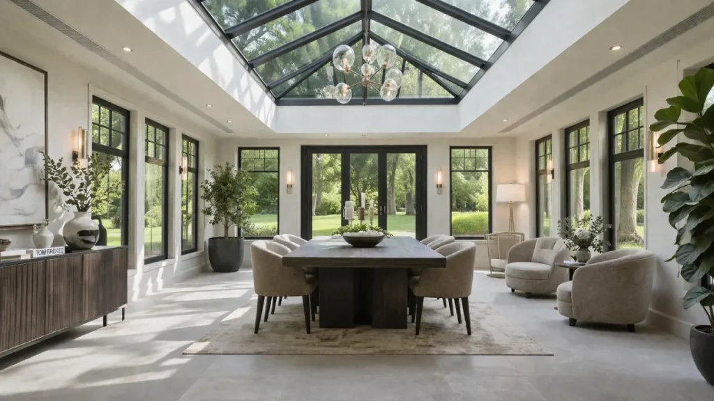 Modern interior dining space with glass ceiling skylight, natural light, elegant furniture, and contemporary open-plan home design