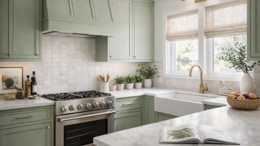 Modern kitchen interior with sage green cabinetry, marble countertops, farmhouse sink, brass fixtures, and natural light from window