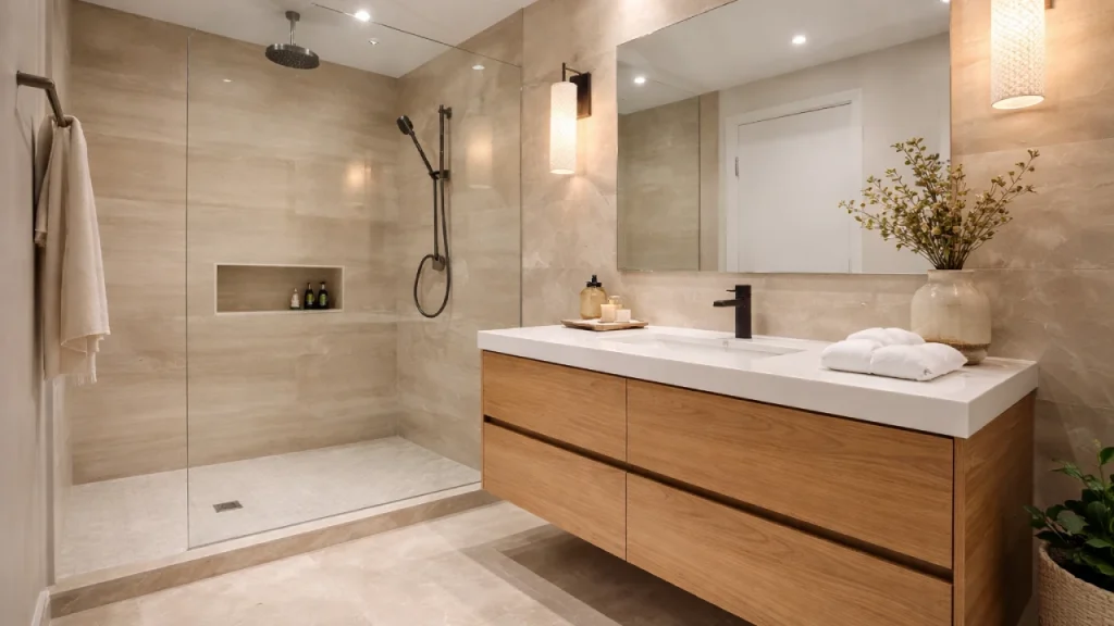 Modern bathroom interior with walk-in glass shower, wooden vanity, neutral tiles, soft lighting, and minimalist spa-inspired design