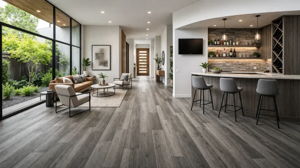 Modern open-plan interior with wood flooring, large glass windows, living area, and stylish home bar design