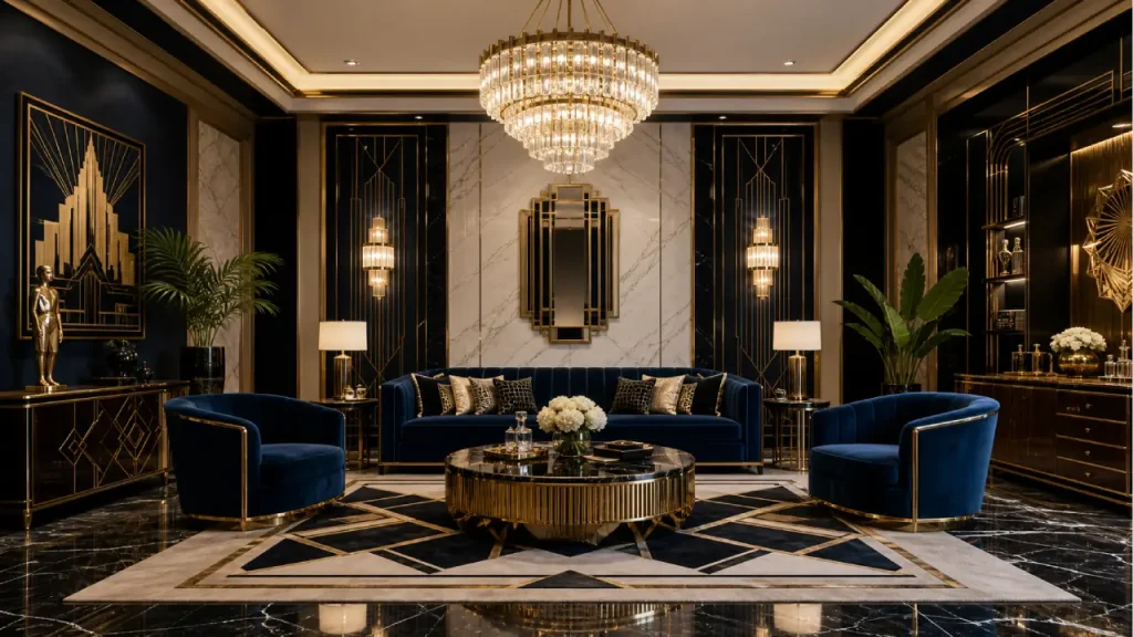 Luxurious Art Deco-style living room featuring bold geometric patterns, elegant furnishings, and rich materials. The space includes deep blue velvet chairs and a matching sofa, adorned with gold trim, arranged around a striking round coffee table with a black marble top and gold accents. The room is illuminated by a grand crystal chandelier and gold sconces, adding to the glamorous atmosphere. The walls are adorned with Art Deco-inspired mirrors and decorative elements, while the floor features a geometric patterned rug. The overall design reflects the opulence and elegance of the Art Deco era with modern updates.