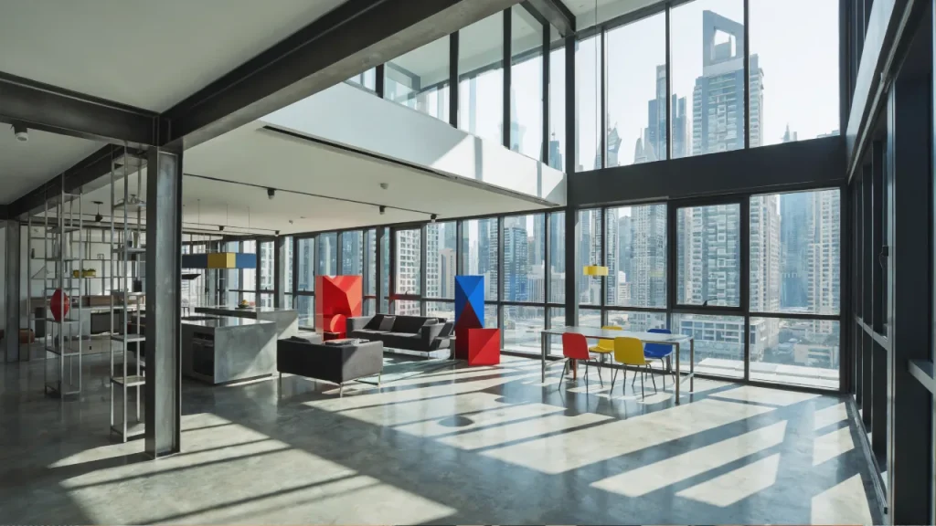 Spacious open-plan interior featuring Bauhaus style design elements, with geometric shapes and primary colors like red, blue, and yellow. The room has modern furniture, including a black sofa, a red geometric sculpture, and colorful chairs around a table. Large windows showcase a panoramic view of Dubai's skyline, with sunlight casting bold shadows across the polished concrete floor. The design reflects minimalist, industrial aesthetics with clean lines, steel beams, and functional, uncluttered spaces.