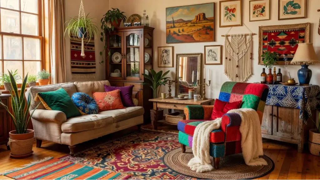 Cozy and eclectic Bohemian-style living room featuring a mix of vibrant colors, patterns, and textures. The space includes a beige sofa adorned with colorful pillows in shades of green, orange, and blue. A patchwork armchair with a blend of red, green, and blue tones is placed near a wooden coffee table. The room is decorated with various plants, framed artwork, and woven textiles, including a macramé wall hanging and a decorative rug. Wooden furniture and vintage items, such as a glass bottle collection and rustic cabinetry, add to the free-spirited, artistic vibe of the room.